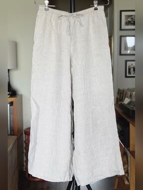 Calypso St. Barth Light Beige Linen Wide-Leg Drawstring Pants